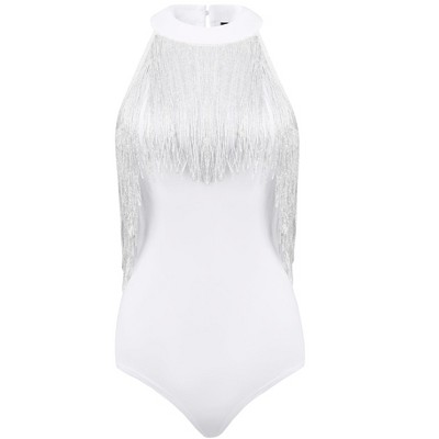 Allegra K Women's Party Neck Fringe Trim Sleeveless Halter Bodysuit