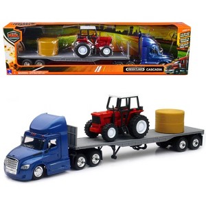 Freightliner Cascadia w/Flatbed Trailer Blue w/Farm Tractor Red and Hay Bales "Long Haul Trucker" 1/43 Diecast Model by New Ray - 1 of 3
