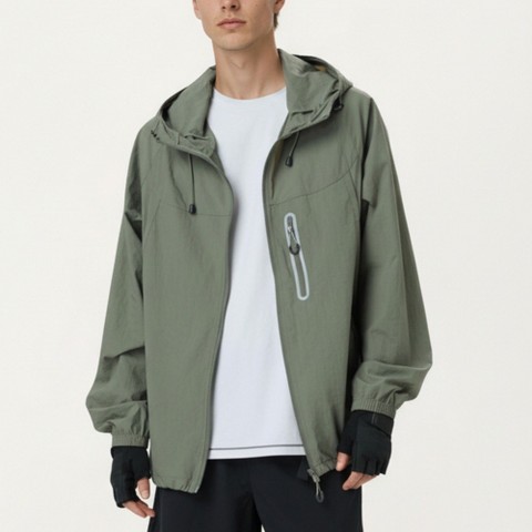 Мужская куртка Alilang Lightweight Windbreaker Jacket with Hood Full Zip Closure Drawstring Detail and Zipper Chest Pocket Design - Large, Olive Green, цвет: Оливковый
