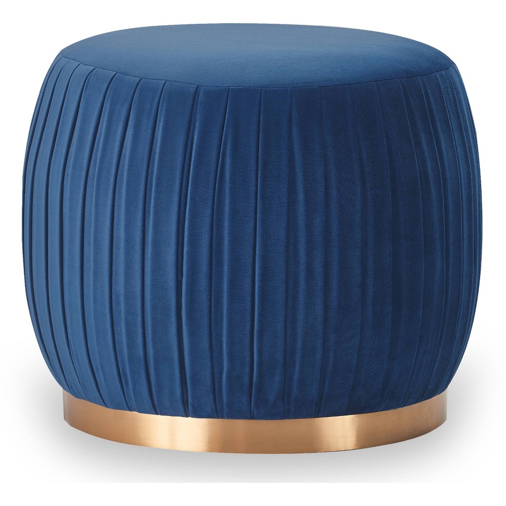 Jolie Pleated Ottoman Blue - Adore Decor: Chic Round Velvet Stool, Gold Base, No Assembly Required