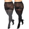 Memoi Women's Curvy 2 Pair Pack Flat Knit and Rib Control Top Tights Gray Heather-Black 1X-2X - 3 of 4