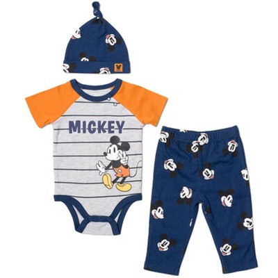 Image of Disney Mickey Mouse Newborn Baby Boys 3 Piece Outfit Set: Cuddly Bodysuit Pants Hat Gray 0-3 Months