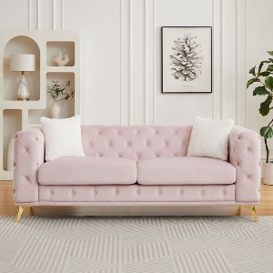 Kumasinova Velvet Chesterfield Sofa,Comfy Couch with Tufted Buttons,Spring Cushion,Metal Legs,2 Pillows,Sofa Couch for Living Room,Bedroom - 1 of 4