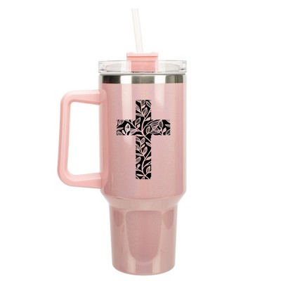 Elanze Designs Floral Vine Cross Walk in Faith Wrap-Around 40 Oz. Stainless Steel Water Bottle Coffee Mug, Spill & Leak Resistant, Travel Tumbler with