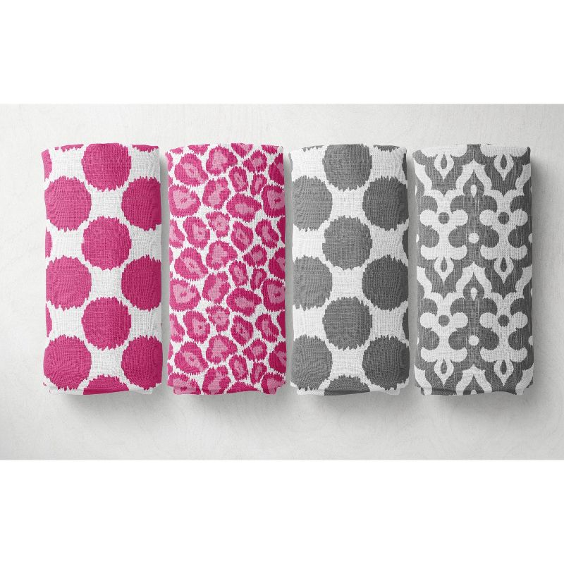 Bacati - Ikat Dots Leopard  Pink Grey Girls 10 pc Crib Set with 2 Crib Fitted Sheets 4 Muslin Swaddling Blankets, 3 of 11
