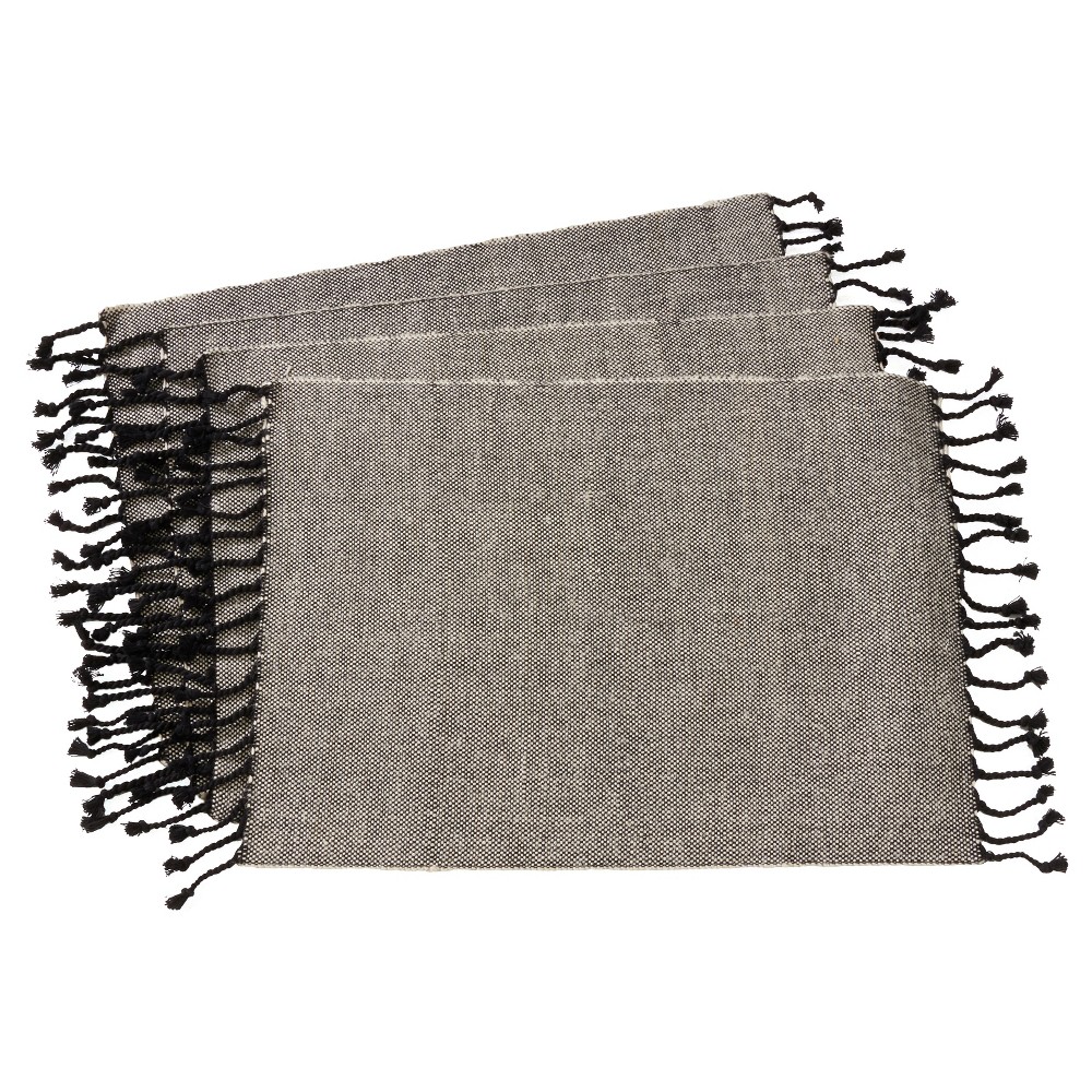 Photos - Tablecloth / Napkin Set of 4 Solid Tassel Placemat Black - Saro Lifestyle: Jute-Cotton Blend,