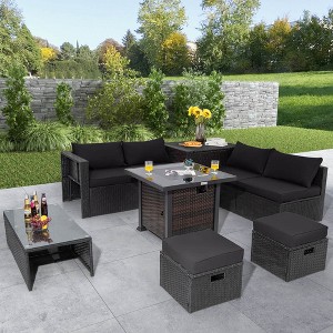 Costway 9 PCS Patio Furniture Set with 32" Fire Pit Table 50,000 BTU Square Propane Fire Pit Black/Grey/Navy/Red/Turquoise/White - 1 of 4