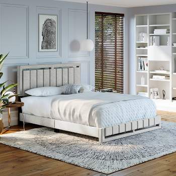 Queen Sloan Vertical Stitched Upholstered Platform Bed White Linen - Eco Dream