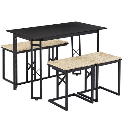 VECELO Farmhouse Room Sets for 4 with 3 Benches Wicker-Knot Cushions, Table for Home Kitchen Dining, 43.3 in