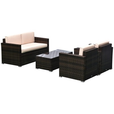 Rattan Wicker 4-Person Patio Set with Cushioned Chairs & Glass Table