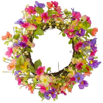 Northlight Wild Flowers and Berries Artificial Spring Twig Wreath, Pink and Yellow - 20-Inch