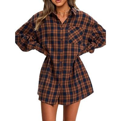 EXLURA Womens Plaid Flannel Shacket Long Sleeve Button Down Shirts Long Jackets Oversized Fall Fashion Outfits