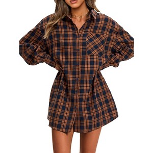 EXLURA Womens Plaid Flannel Shacket Long Sleeve Button Down Shirts Long Jackets Oversized Fall Fashion Outfits - 1 of 4