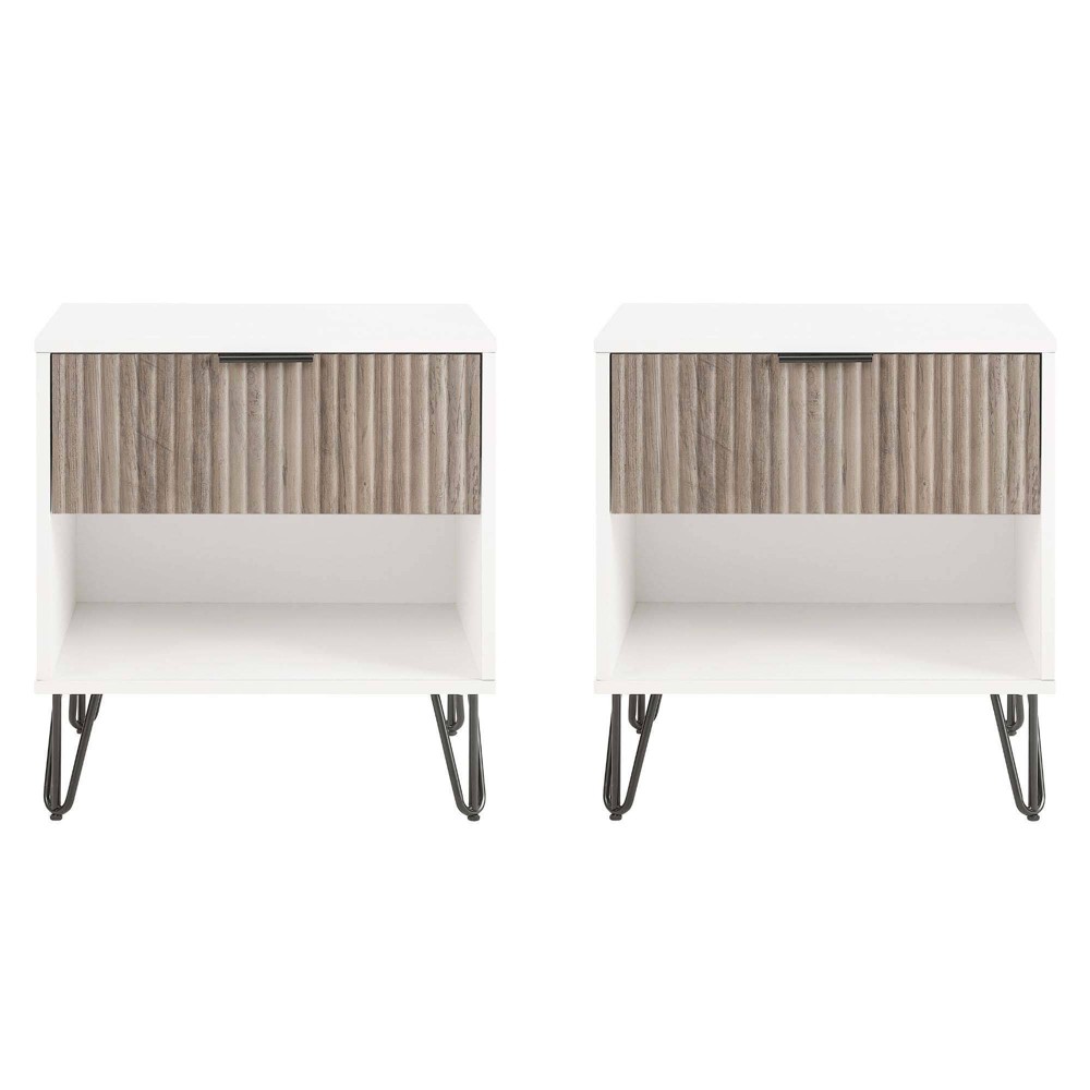 Manhattan Comfort Set of 2 Dumbo Nightstands with Drawer White/Rustic Gray: Modern Design, Metal Legs, Soft Close