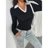 Women's Color Block V Neck Polo Shirts Slim Fit Stretchy Bodycon Tops Business Casual Collared Work Shirts - 2 of 4