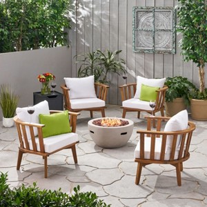 Christopher Knight Home Flagler Outdoor Acacia Wood 5 Piece Club Chair and Fire Pit Set with Cushions, Teak/White - 1 of 4