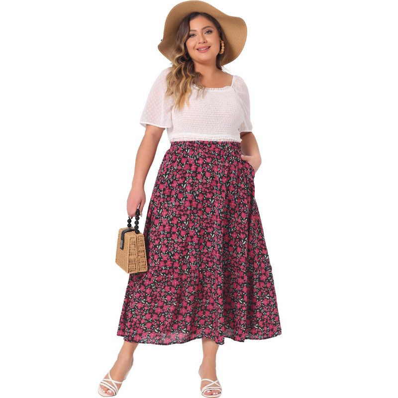 Agnes Orinda Women's Plus Size Stretchy High Waist Layered Flowy Pocket Casual Floral Maxi A Line Skirts, 3 of 6
