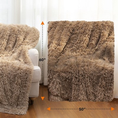 Taupe Reversible Faux Fur and Fleece Throw Blanket