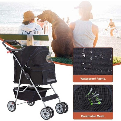 Black 4-Wheeled Folding Pet Stroller with Mesh Windows
