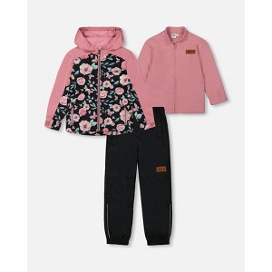Deux par Deux Girl 3-In-1 Mid-Season Outerwear Set with Printed Jacket Pink, Black, and Flowers - 1 of 4