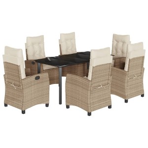 vidaXL 7 Piece Patio Dining Set - Beige, Poly Rattan, Cushions, Tempered Glass Table, Reclining Chairs, Outdoor/Garden/Backyard/Patio Furniture - 1 of 4