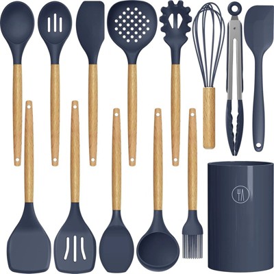 BRINJOY Silicone Cooking Utensil Set - Heat Resistant 446¡ãF Non-Stick Kitchen Tools with Wood Handles & Holder, BPA-Free (Navy Blue)