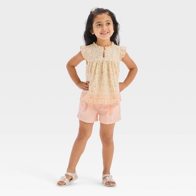 OshKosh B'gosh Toddler Girls' Floral Print Flutter Sleeve and Shorts Set - Pink 12M: Lightweight Cotton Tunic & Pull-On Shorts
