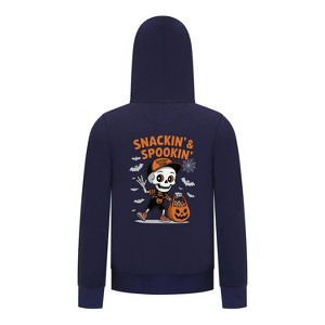 Everyday Kids “Snackin’ & Spookin’” Zip Up Halloween Hoodie – Skeleton Trick-or-Treater with Candy Bag – Cozy Fall Sweatshirt for Boys, Navy - 1 of 3