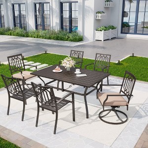 Captiva Designs 7pc Outdoor Dining Set with Slat-top Rectangle Table & Stackable Fixed Chairs & Swivel Steel Chairs - 1 of 4