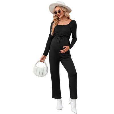 Pregnancy Jumpsuits Crewneck Tie Front Elastic Waist Stretchy Romper
