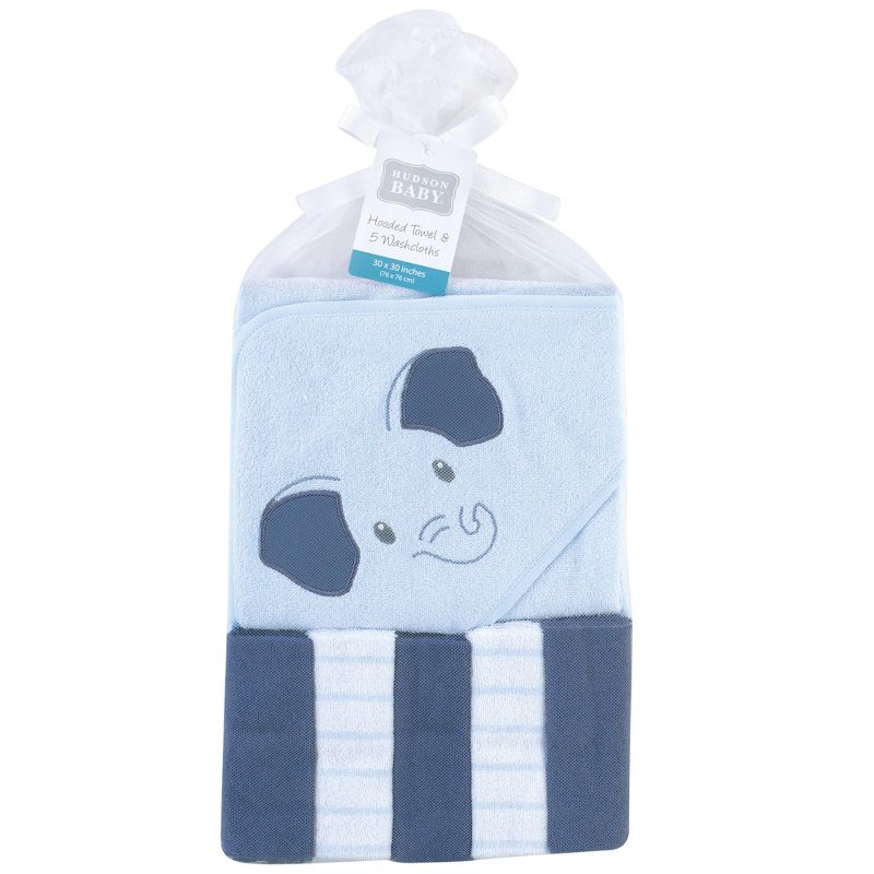 Hudson Baby Infant Boy Hooded Towel and Five Washcloths, Blue Elephant, One Size, 3 of 4