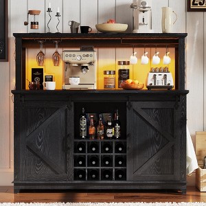 55" Farmhouse Coffee Bar Cabinet with Power Outlet & LED Light - Sliding Barn Door Buffet Cabinet - 1 of 4