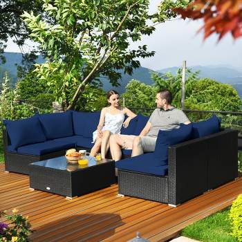 Costway 7PCS Patio Rattan Sofa Set Sectional Conversation Furniture Set Garden Beige\ Navy\Red\Navy Blue