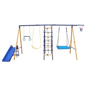 Sevobal Patio Swings 7 in 1 Metal Swing Set with Slide Climbing Net Gym Ring and Basket for Backyard Patio Garden, Multicolored, 159.7"*70.5"*79.5" - 1 of 4