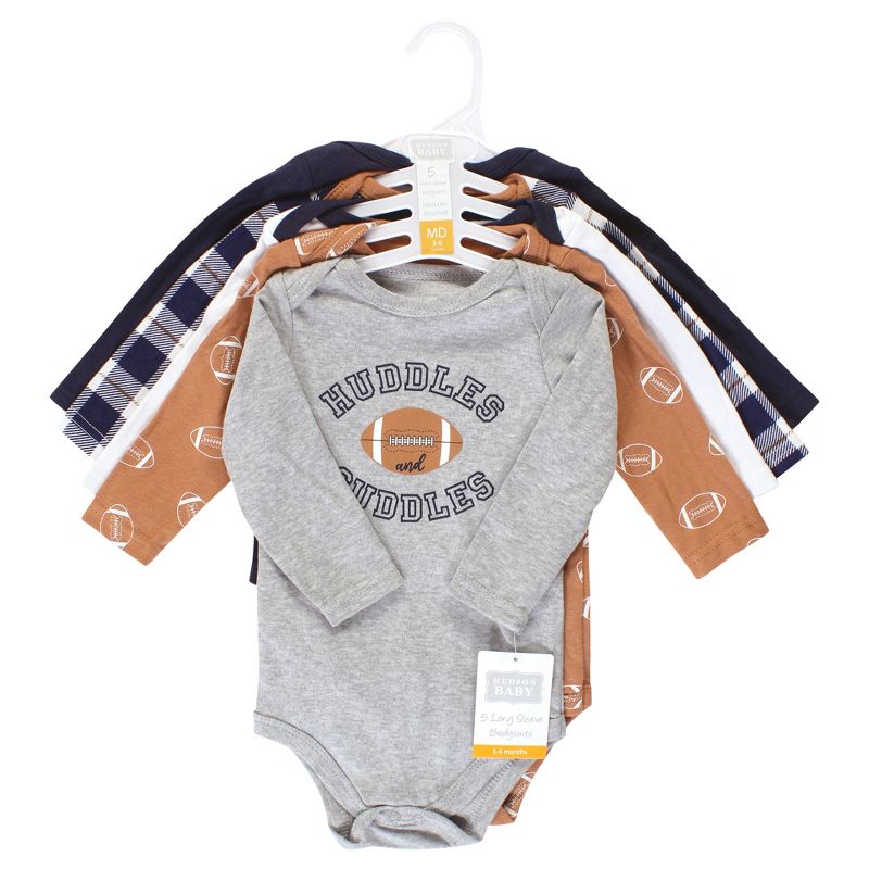 Hudson Baby Infant Boy Cotton Long-Sleeve Bodysuits, Football Huddles 5-Pack, 2 of 8