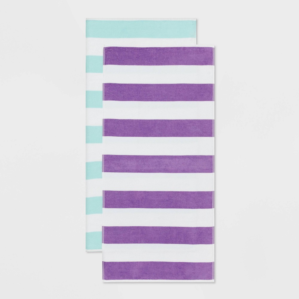 Photos - Towel 2pk Striped Beach  Bundle Teal/Purple - Sun Squad™