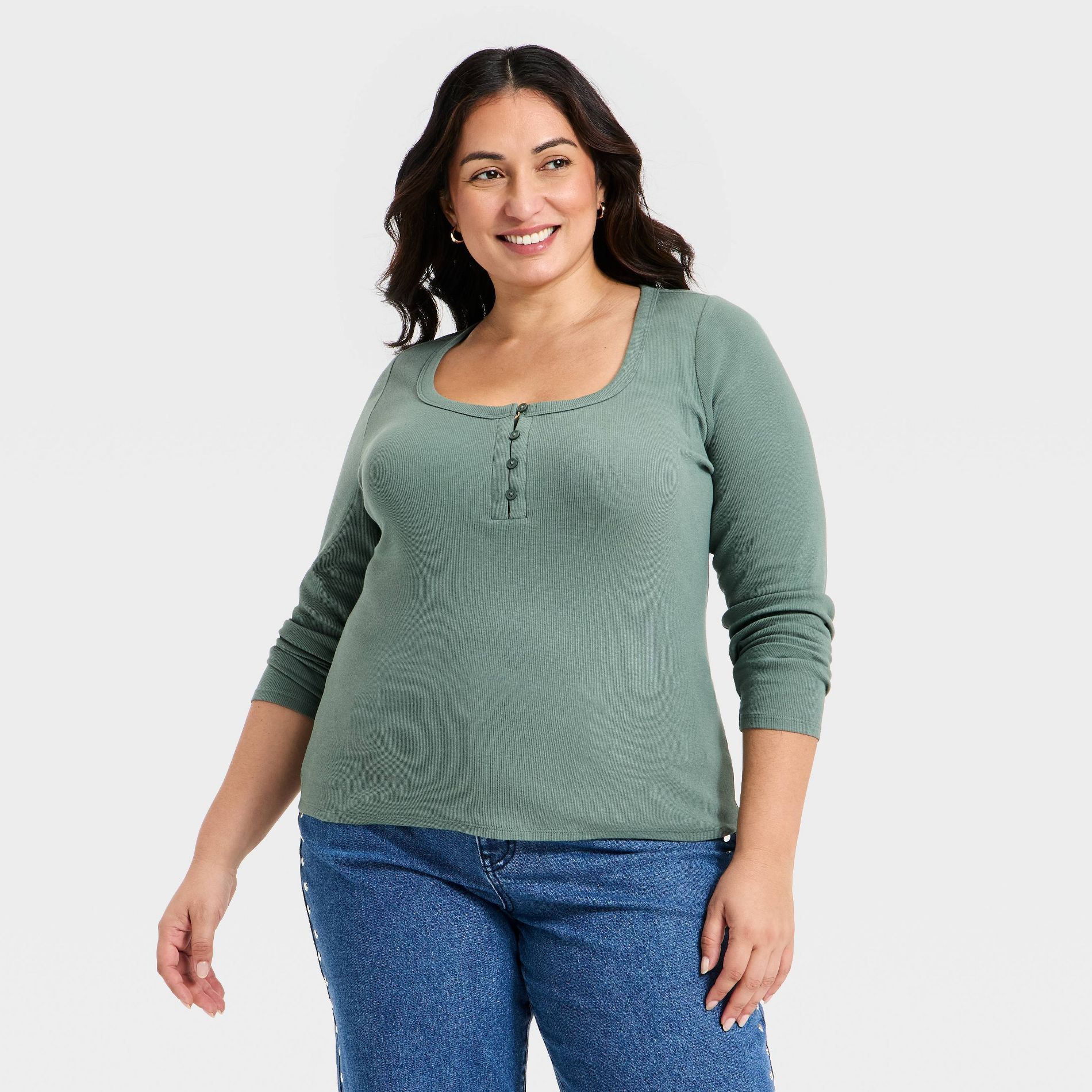 Women's Long Sleeve Scoop Neck Henley Top - Ava & Viv™