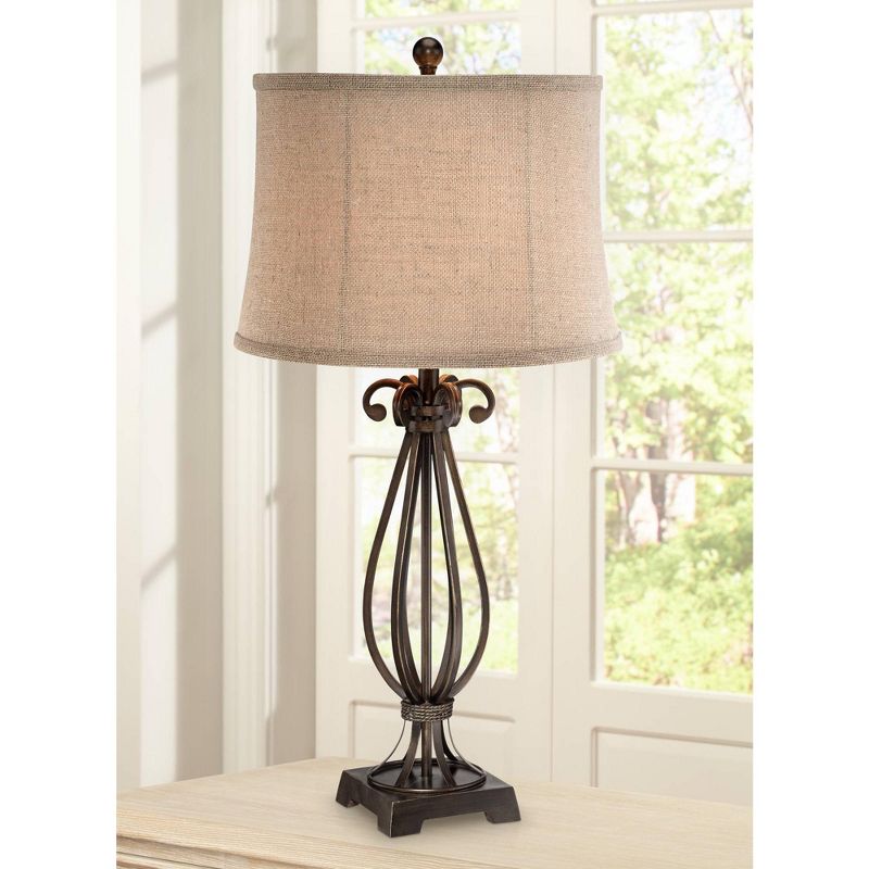 Regency Hill Taos Traditional Table Lamp 32" Tall Iron Open Scroll Base Neutral Burlap Shade for Bedroom Living Room Bedside Nightstand Office Kids, 2 of 7