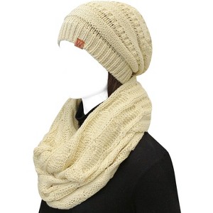 Wrapables Winter Warm Chunky Cable Knit Infinity Scarf and Beanie Set, Beige - 1 of 4
