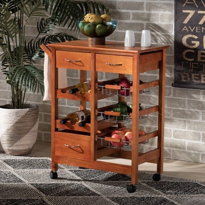 Crayton Oak Brown and Silver Mobile Kitchen Cart with Wine Storage