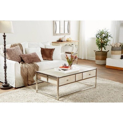 French Provincial White Metal Scroll Console Table with Fir Wood Top