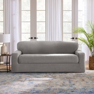 Sure Fit 2pc 96" Wide Cedar Stretch Textured Sofa Slipcover Gray: Elastic Fit, Indoor Use, Pet Friendly - 1 of 4