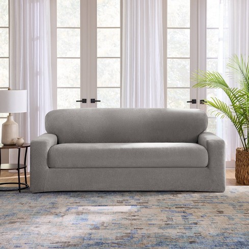 Sure Fit 2pc 96" Wide Cedar Stretch Textured Sofa Slipcover Gray: Elastic Fit, Indoor Use, Pet Friendly - image 1 of 4