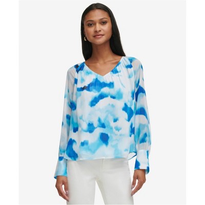 Calvin Klein Womens Chiffon Printed Pullover Blouse