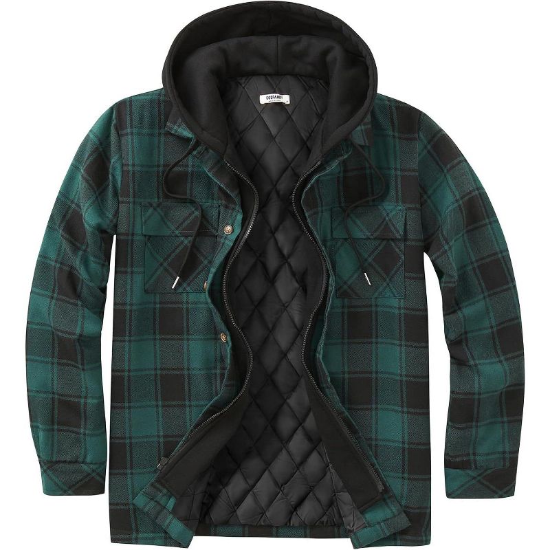 COOFANDY Men's Flannel Shirt Jacket Warm Quilted Lined Hooded Long Sleeve Plaid Shirt Jackets Black Green Plaid S