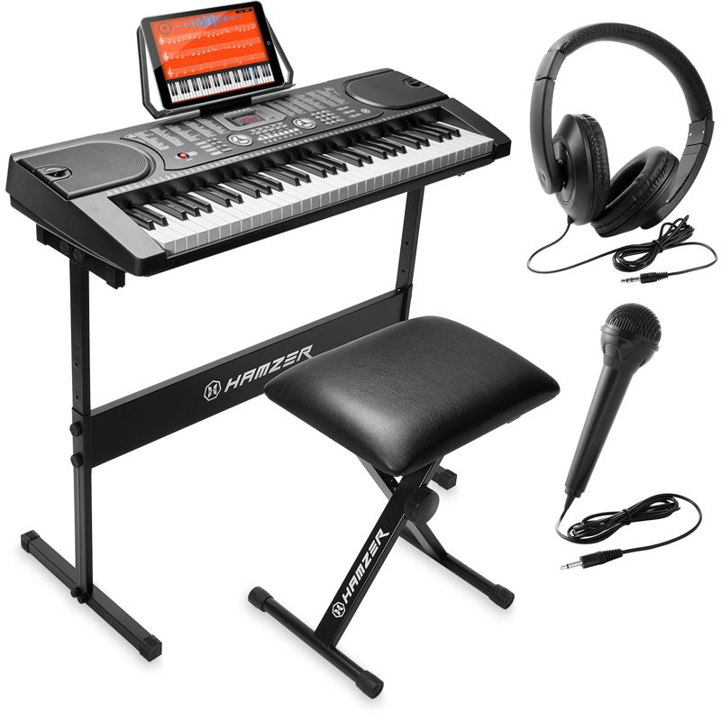 Hamzer 61-Key Electronic Keyboard Piano with Stand, Padded Stool, Headphones, Microphone and Keynote Stickers, 1 of 10