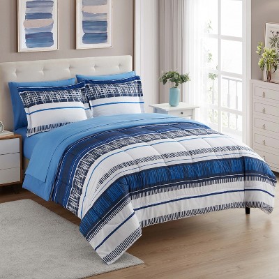 Full Mediterranean Blue and White Microfiber Bed in a Bag Set