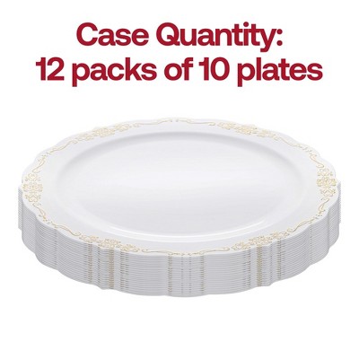 White and Gold Vintage Rim Round Disposable Plastic Salad Plates, 7.5 inches