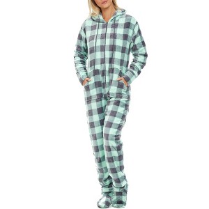 ADR Women's Plush Fleece One Piece Hooded Footed Zipper Pajamas, Soft Adult Jumpsuit PJs with Hood - 1 of 4