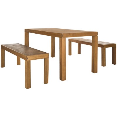 Natural Wood 3-Piece Rectangular Dining Set with Benches